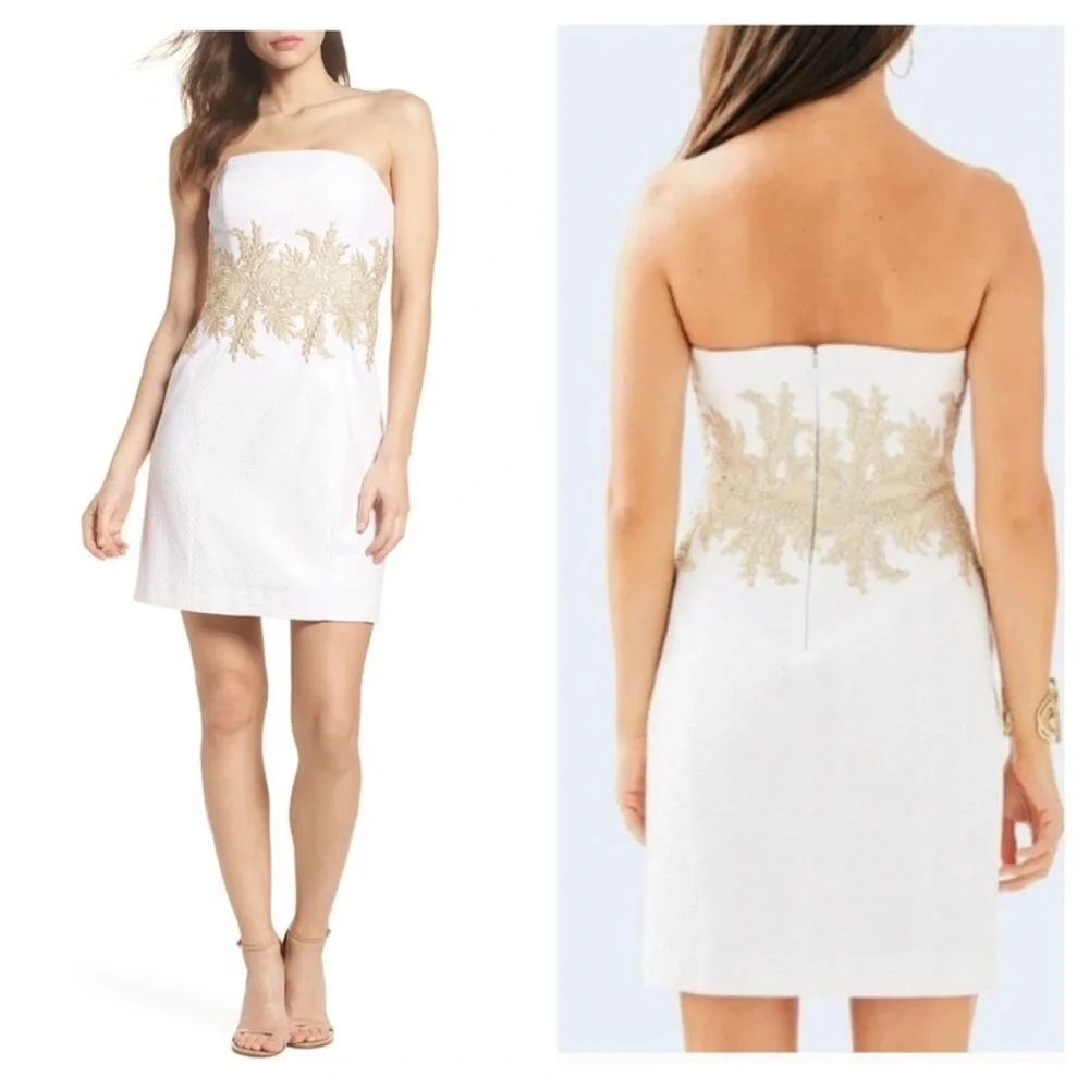 Lilly Pulitzer 0 Kade Strapless Dress in Resort White With Gold Embroidery - Picture 2 of 10